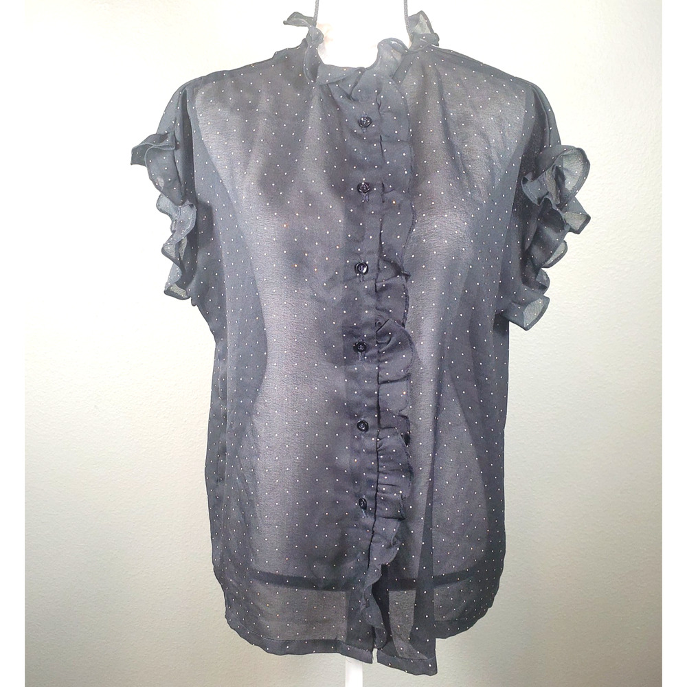 Caribou Black & Peach Polka Dot Ruffle Sheer Blouse XL